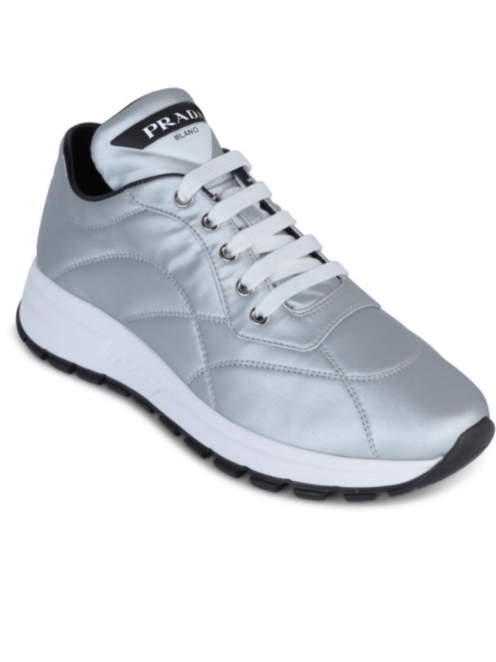 Prada Matte Silver Quilted Nylon Puima PRA X01 Sneakers 39 1/2